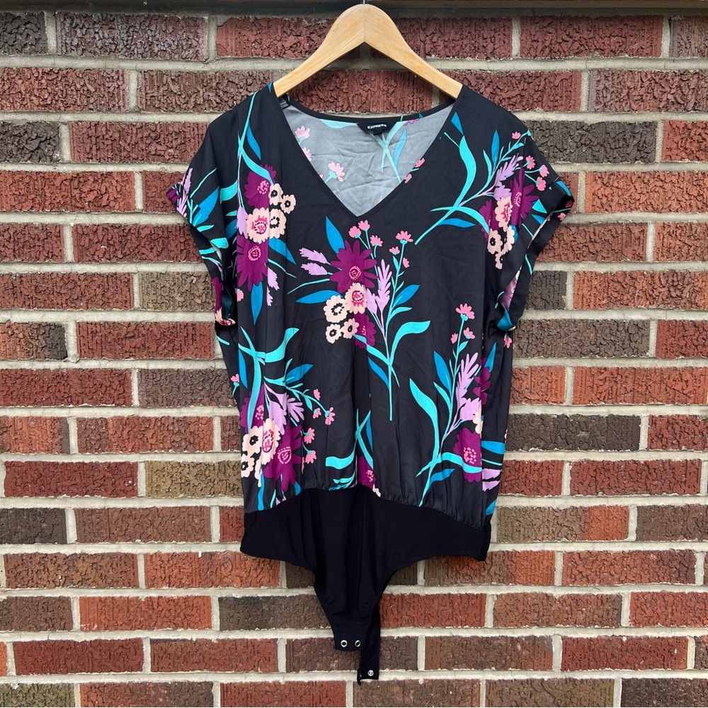 Express Black Purple and Teal Silk Like V Neck Short Sleeve Snap Button Bodysuit